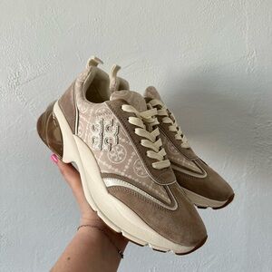 Tory Burch T MONOGRAM GOOD LUCK TRAINER in color birch size 8.5 LIKE NEW